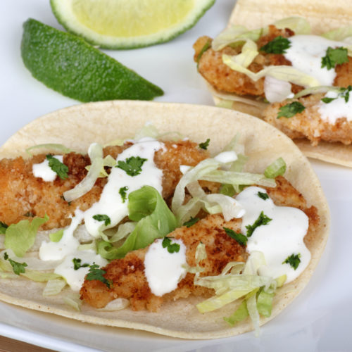 Fish Tacos with Lime Guacamole and Slaw